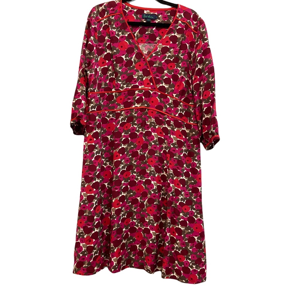Boden Floral V-Neck Dress in Fuchsia, Red, Brown